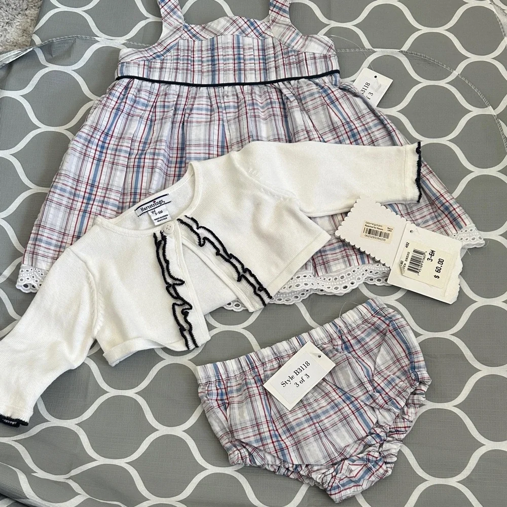 Plaid Dress Set with White Cardigan and Diaper Cover